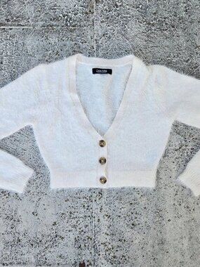 Love Star Girl Sweater Fuzzy White V Neck Button Closure Top Size XS